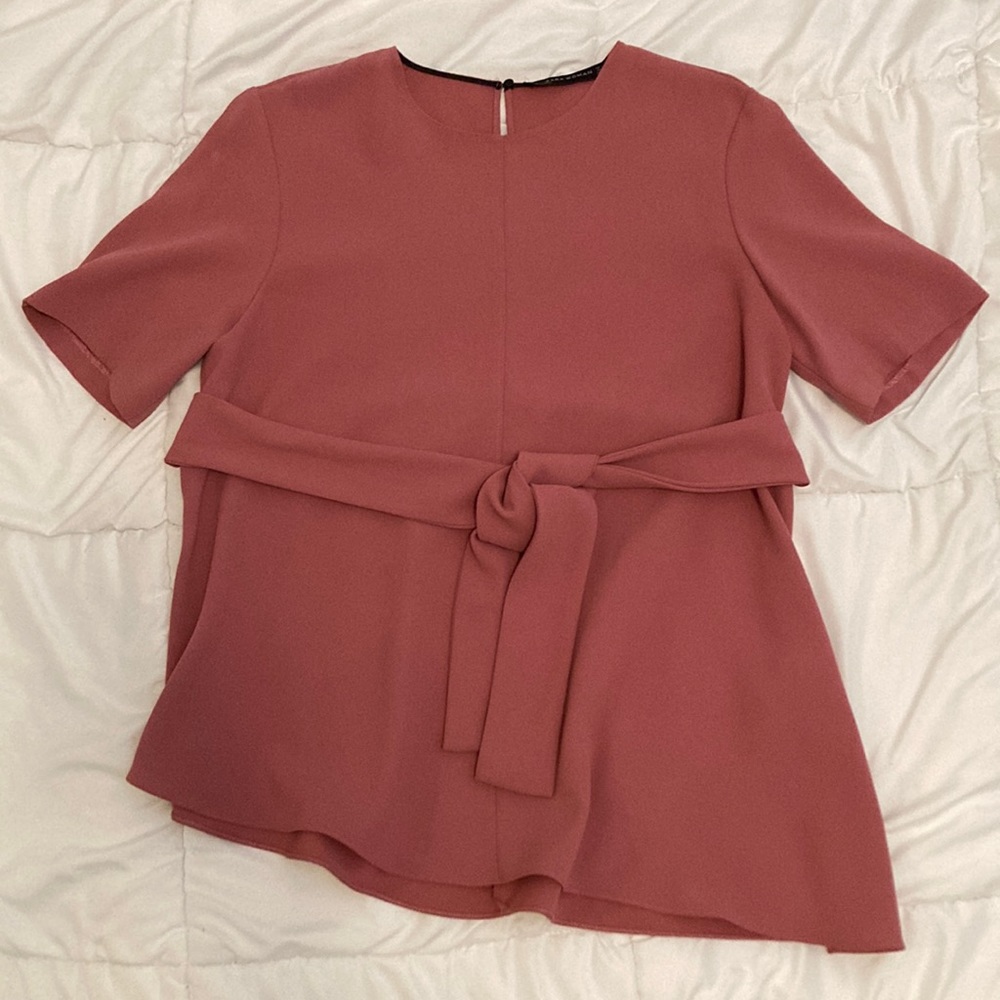 Zara Women Old Pink Rose Tie Front Asymmetrical Blouse Keyhole Back Size L